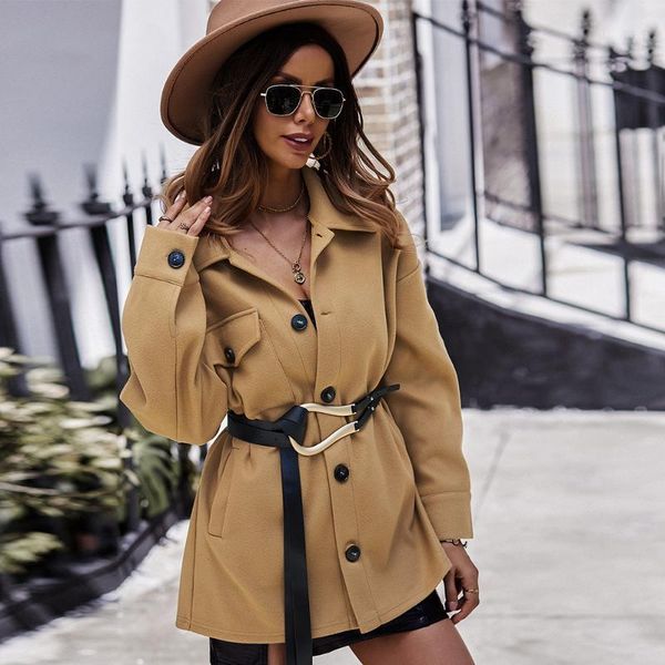 

women's wool & blends women cardigan coats fashion full sleeve turn-down collar warm slim long jacket multi-pocket buttons commute fema, Black