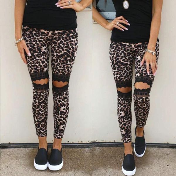 

women's pants & capris casual cut-out lace leopard slim trousers fashion knee hole 2021 straight women, Black;white