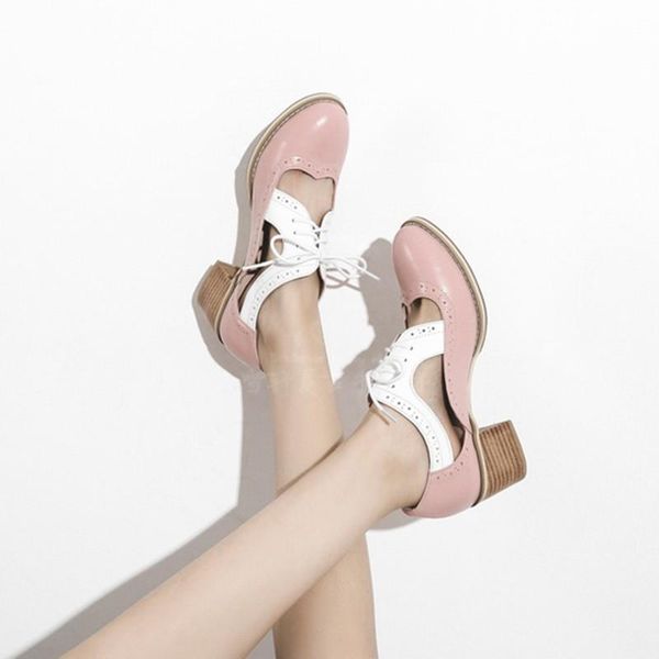 

dress shoes genuine leather oxfords pumps british style thick heel 5cm hollow women's high sandals round head lace brock, Black