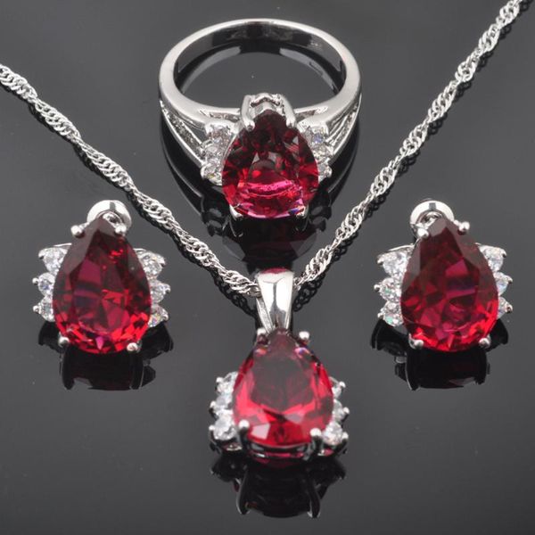 

earrings & necklace red zirconia white cz women's silver color jewelry sets earrings/pendant/necklace/rings qz0257