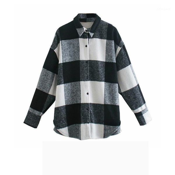 

women 2021 fashion oversized check woolen jacket coat vintage long sleeve button-up female outerwear chic women's jackets, Black;brown