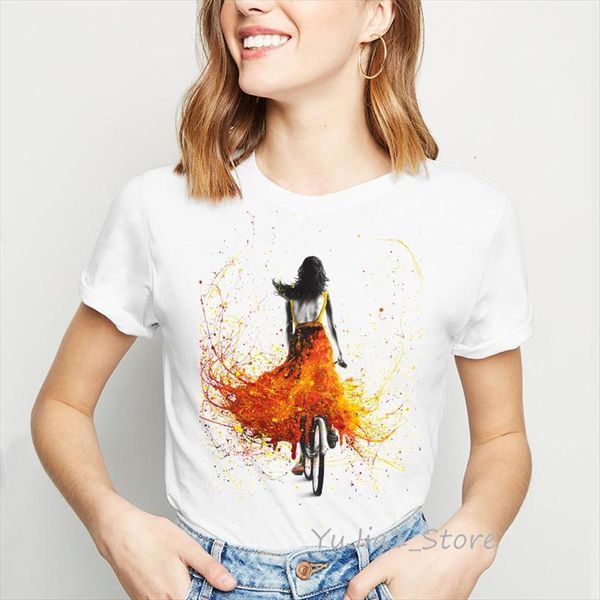 

vintage and women yellow bicycle men t shirt girl womens print streetwear cute watercolor summer tee femme, White;black