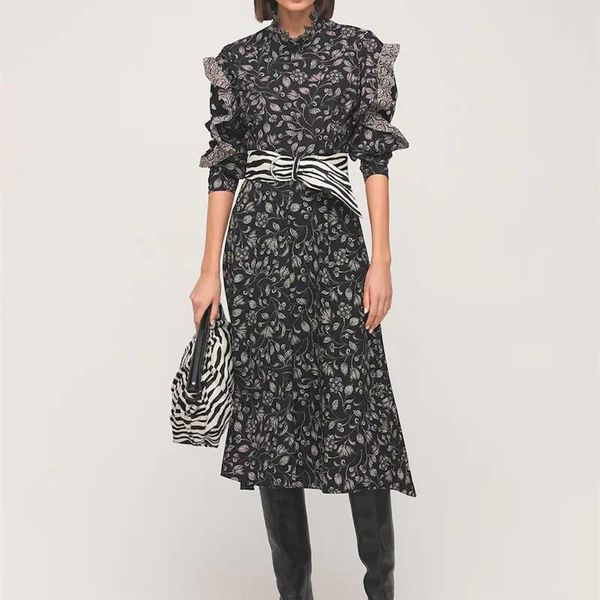 

casual dresses 2021 early autumn women vintage midi dress stand collar long sleeve ruffles high waist ladies floral print robe, Black;gray