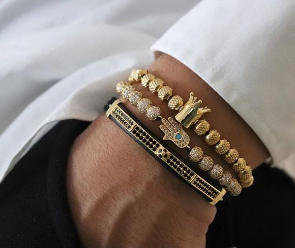 

beaded, strands 3pcs/set luxury fashion men's bracelet set crown handmade classic chain stone beaded jewelry gift pulsera hombre, Black