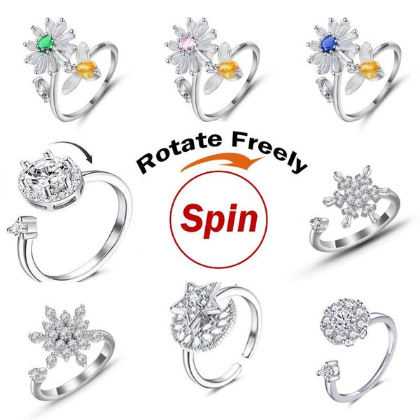 Anelli a grappolo Ansia Anello Fidgets Spinner Per donna Uomo Cristallo Girasole Ruota liberamente Spinning Anti Stress Accessori Regalo gioielli