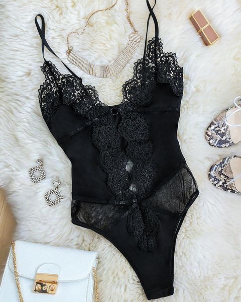

female sleepwear new women scalloped trim bandage teddy bodysuit lace backless lingerie erotic costume 210415, Red;black