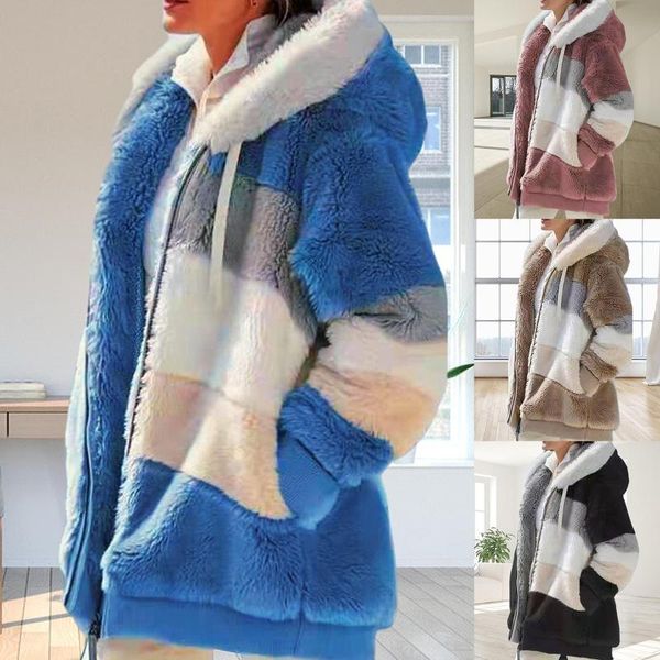 

women's jackets jacket 2022 women autumn winter long sleeve color block zipper fluff hooded warm coat, Black;brown