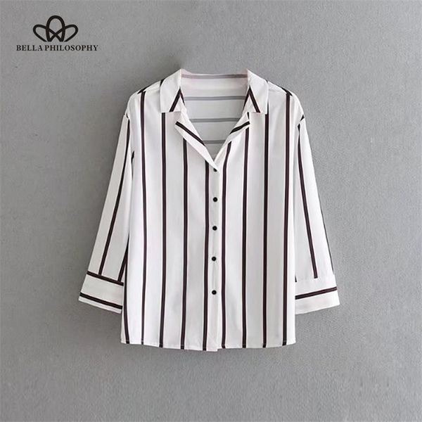 

winter women fashion blouse casual striped long sleeve turn down collar sweet 210519, White