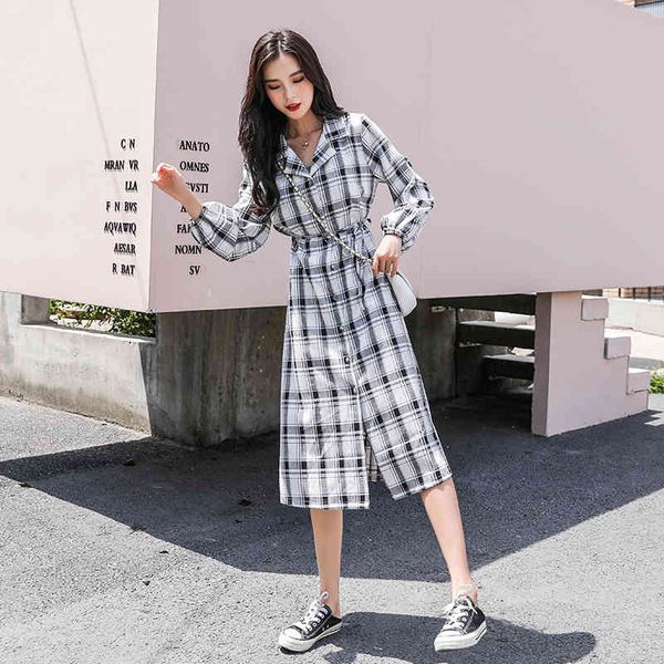 

dresses plaid shirts women polo collar fashion long sleeve single breast bandage loose casual street wear plus size vestido female, Black;gray