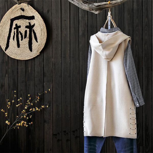 

women's sweaters 2021 cotton and linen autumn winter vintage women medium long sleeveless cardigans sweater, White;black