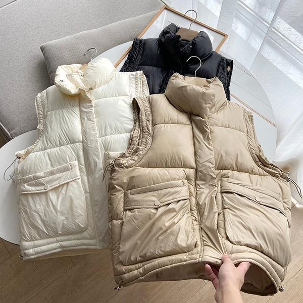 

women's vests women 2022 fashion solid color glossy cuffs drawstring vest retro sleeveless hem pocket outerwear streetwear, Black;white