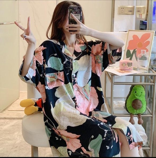 

women's sleepwear floral print sleepshirt women nightgown cotton nightdress summer female loose nightwear casual home clothing, Black;red