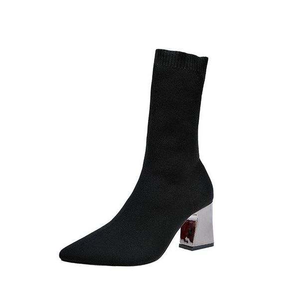 

boots and sleeve wool pointed thick autumn heel woven elastic stockings mid tube high women's, Black