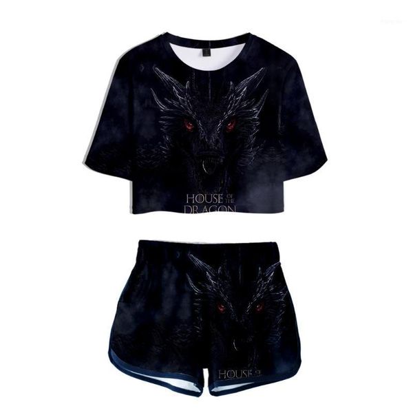 

women's t-shirt house of the dragon 3d two-piece sets print 2021 summer short sleeve +short pants set, White