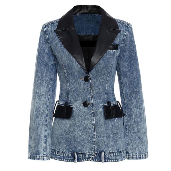 

Autumn and winter v-neck plutonium leather color matching thin waist slimming denim suit for female jacket, Black;brown