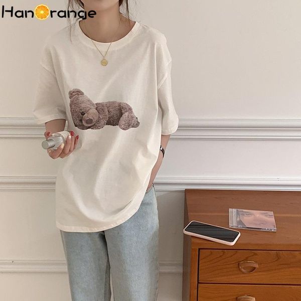 

women's t-shirt cute bear print short-sleeved women 2021 summer female tees loose age reduction casual top, White