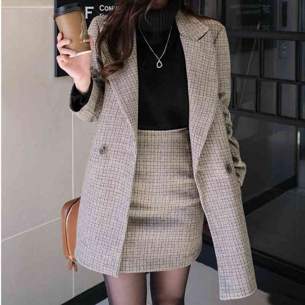 

plaid woolen coat suit autumn and winter new korean version of tooling high waist bag hip skirt 2-piece set for women 210407, White