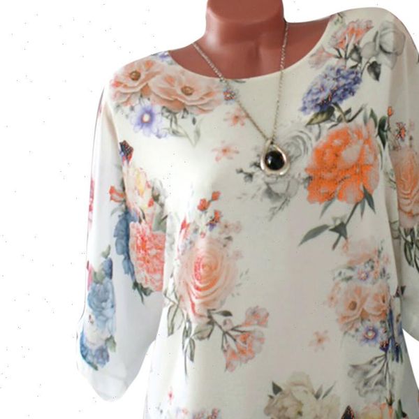 

plus size s 5xl loose womens shirt floral slash neck pullover and blouses camisas mujer, White