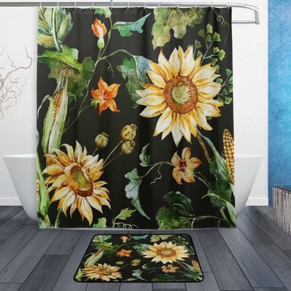 

shower curtains watercolor sunflower with leaves corn waterproof polyester fabric curtain hooks doormat bath floor mat bathroom home