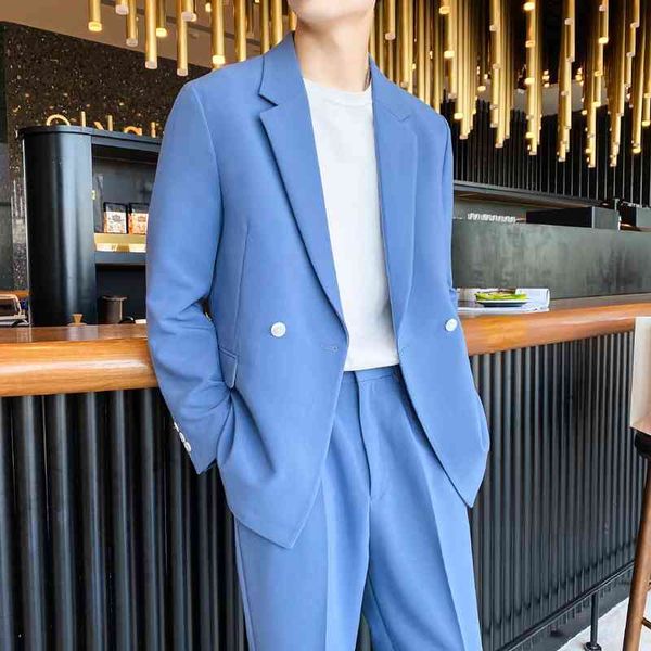 Abito da uomo coreano Abito da uomo sciolto tinta unita Abiti da sposa casual per uomo 2 pezzi Set Abito da lavoro Abbigliamento da strada Costume sociale Homme 210527