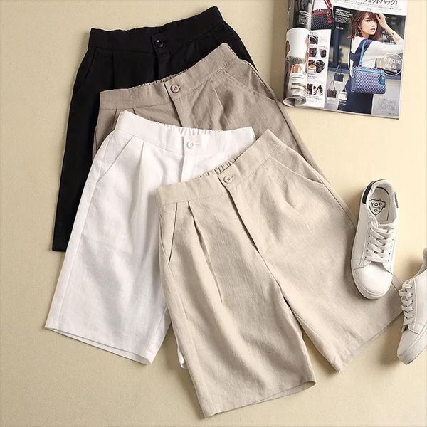 

cotton and linen casual womens shorts plus size summer style korean high waist thin wide leg, White;black
