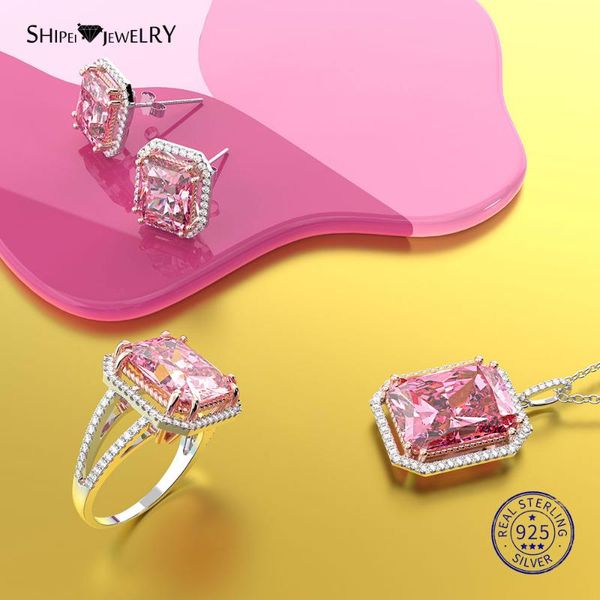 

shipei 100% 925 sterling silver fine jewelry set 7 color square sapphire pendant necklace stud earrings ring for women birthday bracelet, &, Black