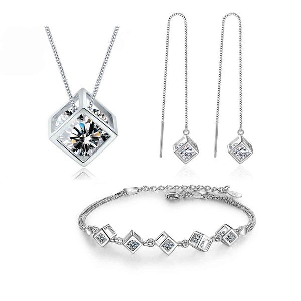 

925 sterling sier luxury shiny square cube necklace earrings bracelet for women gift zircon anniversary gift, Golden;silver