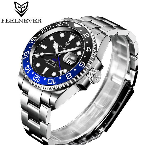 

wristwatches reloj hombre 2021 feelnever luxury men mechanical wristwatch 316l stainless steel gmt watch brand waterproof watches, Slivery;brown