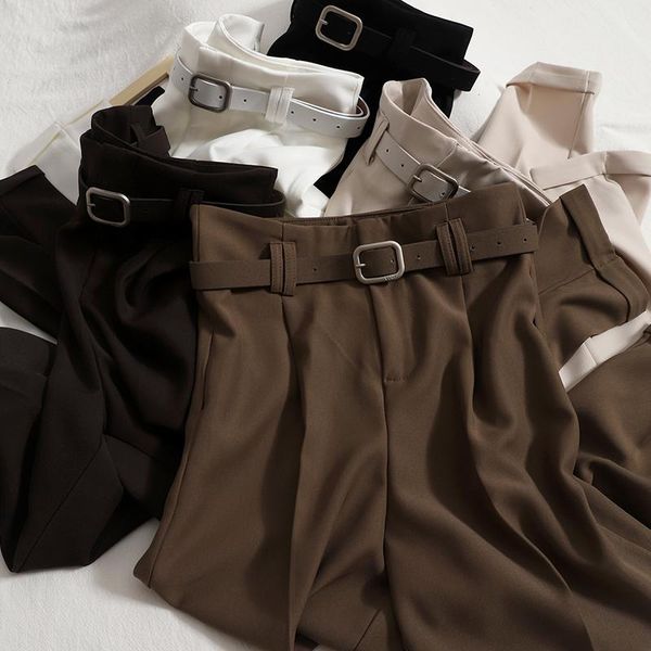 

women's pants & capris autumn temperament solid suit trousers korean straight-leg lady flower buds high-waist casual with belt, Black;white