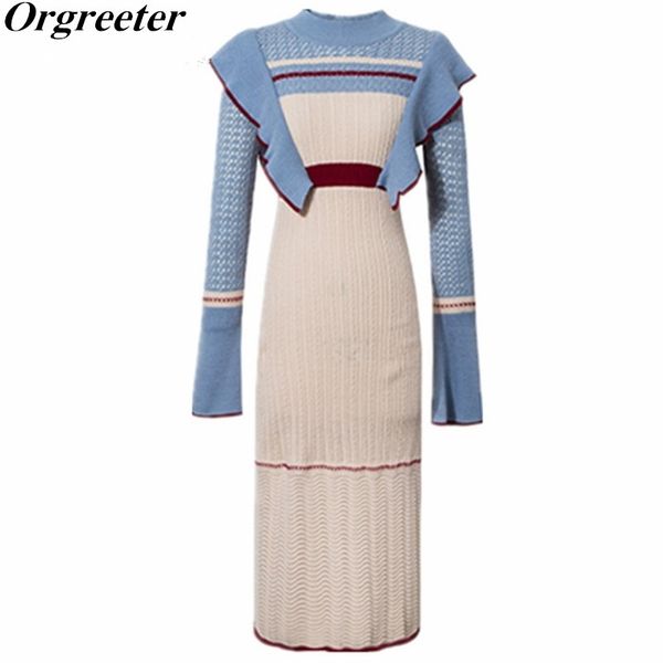 

ladies contrast color sweater dresss long sleeve o-neck side ruffles knit pullover pencil above kneee /knee-length dress 210525, Black;gray