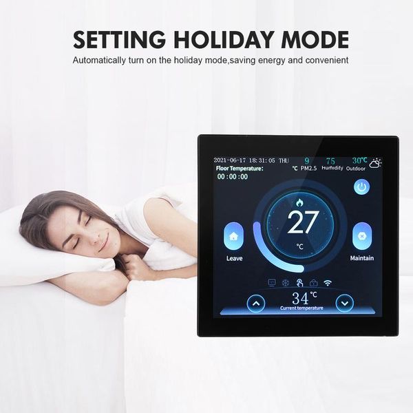 

smart home control 85-275v wi-fi thermostat programmable schedule app remote voice compatible weather display