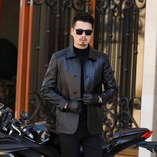 

men's leather & faux haining male middle-aged men in the fall and winter leisure sheepskin coat father old jacket, Black