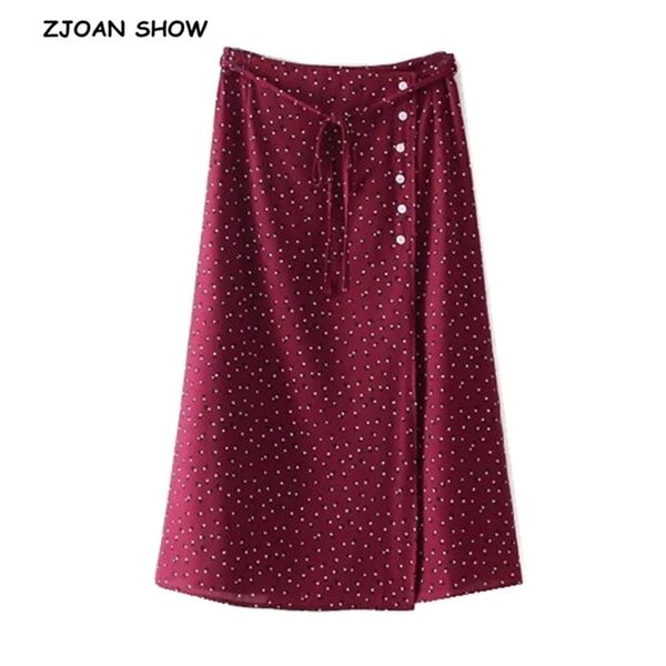 

french buttons single-breasted dot print skirt vintage women bow lacing up high waist mid-calf slit hem skirts femme blue red 210429, Black