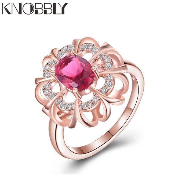 

wedding rings exquisite rose gold-plated ring austrian crystal red gem flower for women classical engagement party jewelry, Slivery;golden