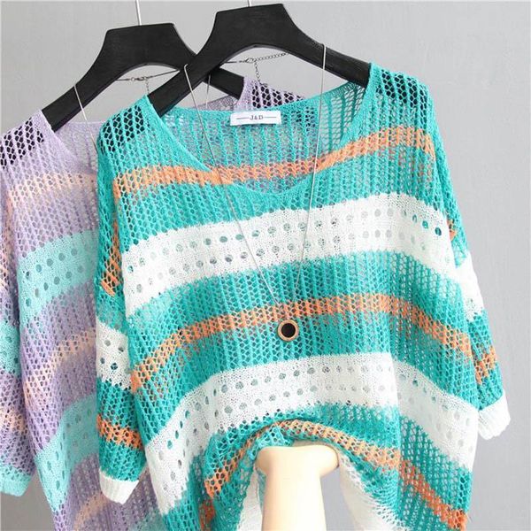 

pullover stripe mesh hollow womens sweaters autumn fashion loose acrylic half sleeve knitted shirt casual clothing, White;black