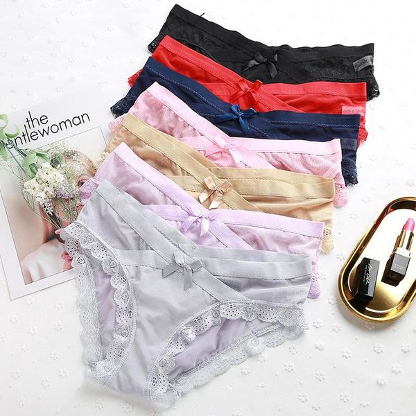 

women's panties 2pcs female seamless lace briefs underwear low waist bow underpants breathable pantys lingerie, Black;pink