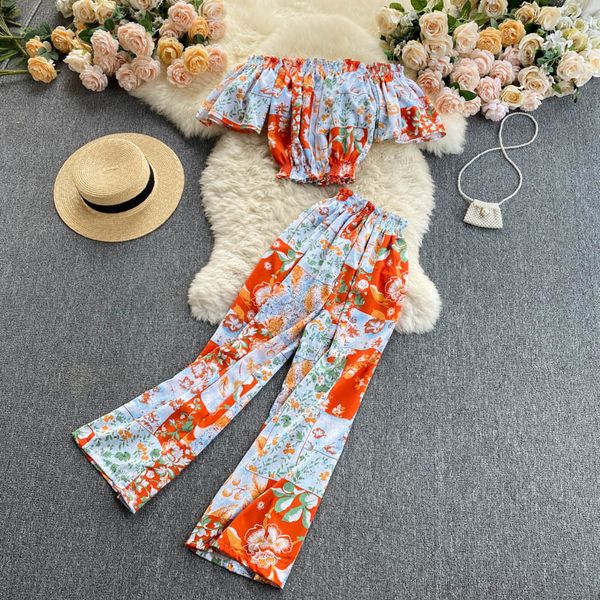 

singreiny women summer boho floral vacation set off shoulder slash neck short high waist wide leg long pants two piece suits 210419, White