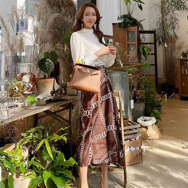Coréia 2 peças senhoras terno outono tops branco e longa saia de impressão sexy set para roupas roupas 210602