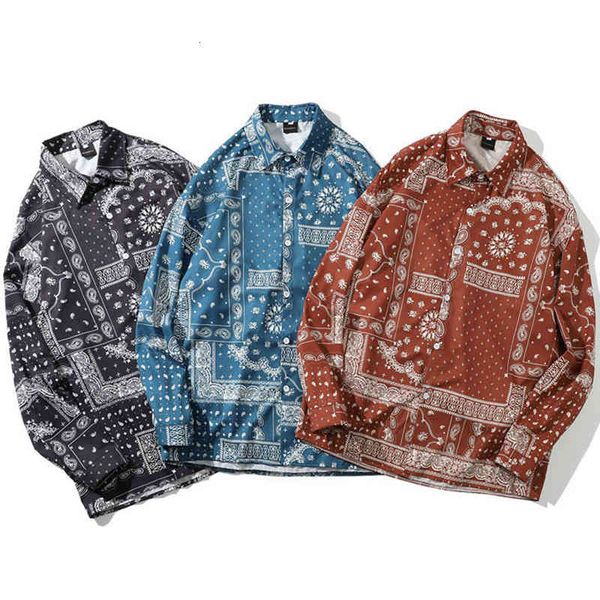 

men's casual shirts vintage cashew flower men's shirt 2021 japanese long sleeve spring fashion couple harajuku hip hop t-, White;black