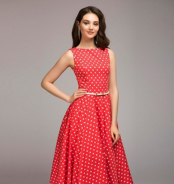 

plus size dresses vintage summer new sleeveless o-neck vestidos women elegant thin dot printing mid-calf casual dress female, Black;gray