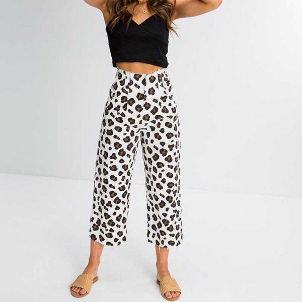 

women's pants & capris 2021 womens wide leg high waist leopard long loose casual cropped trousers ladies costume summer elegant fashion, Black;white