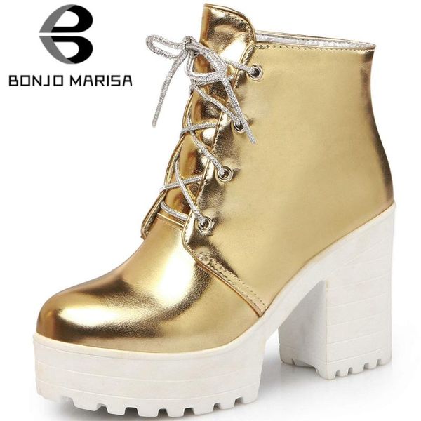 

boots bonjomarisa elegant girl round toe platform lace up ankle golden brand women designer shoes woman, Black
