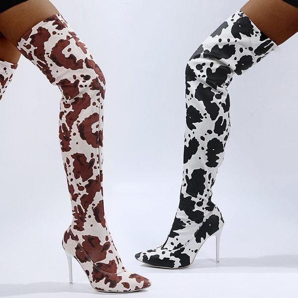 

boots 2021 autumn winter women's over the knee prints sewing concise pointed toe pumps slip on thin heels shoes, Black