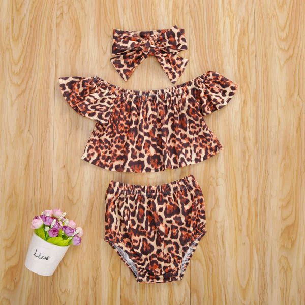 

6m-4y toddler born infant baby kid girls clothes set leopard ruffles off shoulder t shirt shorts outfit summer 210515, White