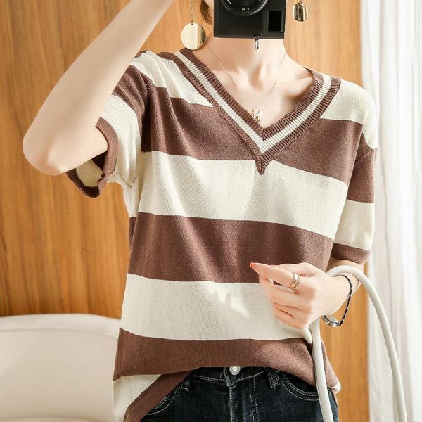 

lafarvie cotton t shirt women summer clothes for camisetas oversized 2021 femme v neck short sleeve tees stripe patchwork women's t-sh, White