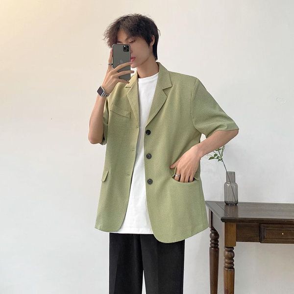 

summer thin blazer men's fashion green casual short-sleeved suit jacket men korean loose business society mens dress suits & blazers, White;black