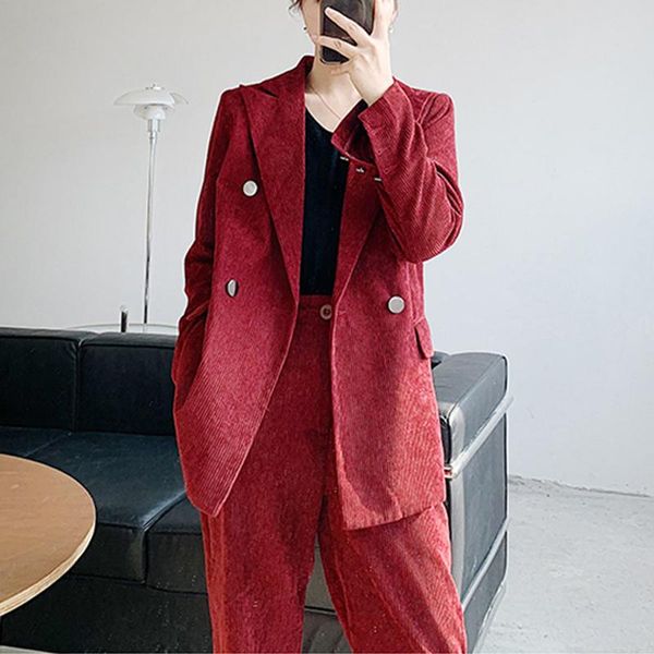 

vintage corduroy women blazer suit female 2 pieces set double-breasted jacket & long pant 2021 spring women's two piece pants, White