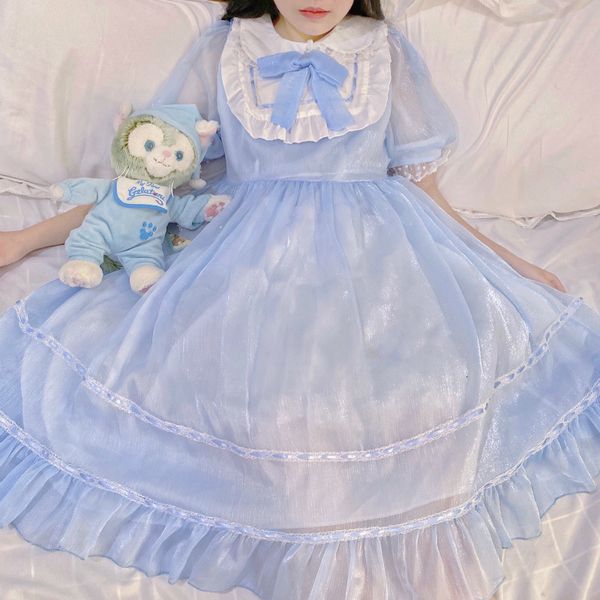 

casual dresses japanese lolita style summer women party peter pan collar blue black pink bow cute kawaii ruffles cosplay costume 5, Black;gray