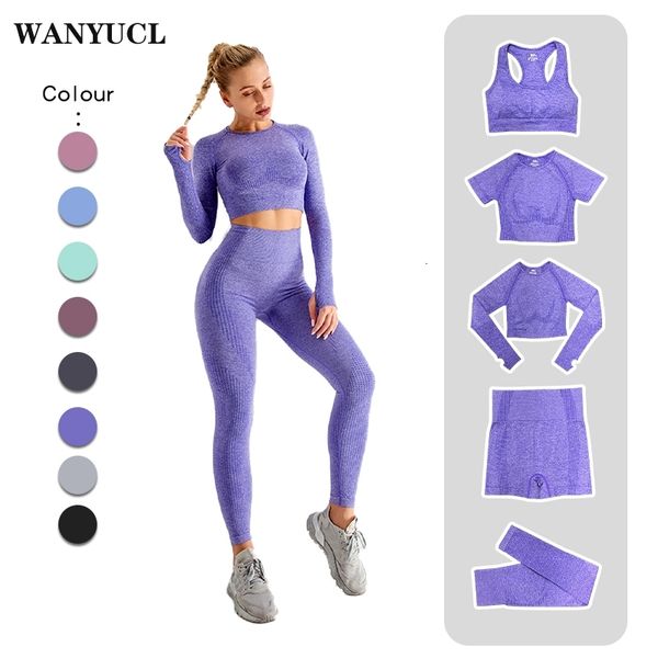 

2/3/5pcs seamless women yoga set workout sportswear gym clothing fitness long sleeve crop high waist leggings sports suits, White;red