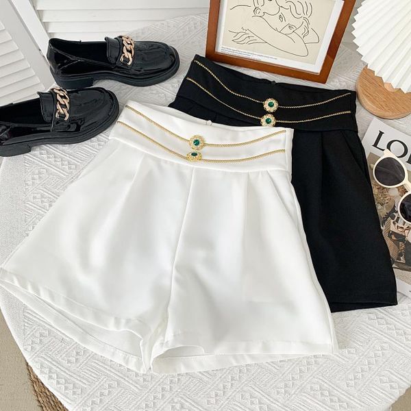 

women's shorts fitaylor summer office lady high waist rhinestone buckle women fashion solid color black white wide leg, White;black